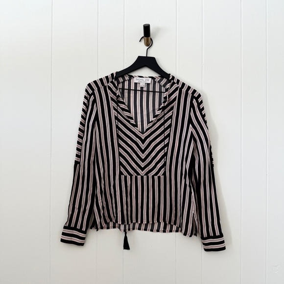 Rachel Zoe Mairi 100% Silk Black White Red Striped Tassel Blouse - Picture 2 of 10